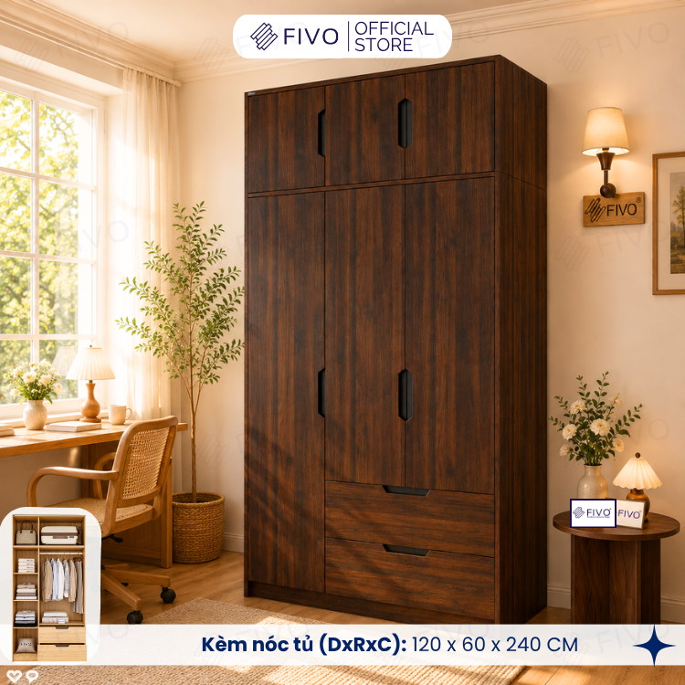 Tủ Đựng Quần Áo Gỗ Cao Cấp FC07 FIVO, Dày 17MM Cánh Mở Sâu 60cm Kèm Kệ Trang Trí, Freeship+Free lắp đặt, Trả Góp 0
