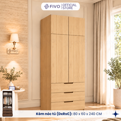 Tủ Đựng Quần Áo Gỗ Cao Cấp FC09 FIVO, Thiết Kế Cánh Mở Sâu 60cm, Kèm Ngăn Kéo, Freeship+Free Lắp Đặt, Trả Góp 0%