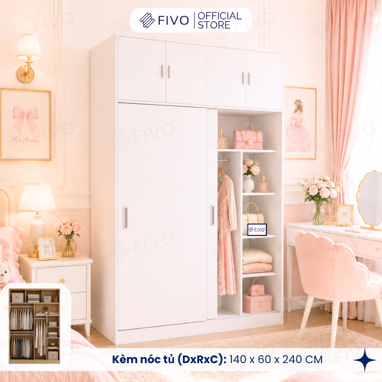 Tủ Áo Quần Cửa Trượt FIVO FC31 Gỗ Chống Ẩm, Màu Walnut Ấm Cúng Cho Phòng Ngủ, Trả Góp 0%, Freeship + Free lắp đặt