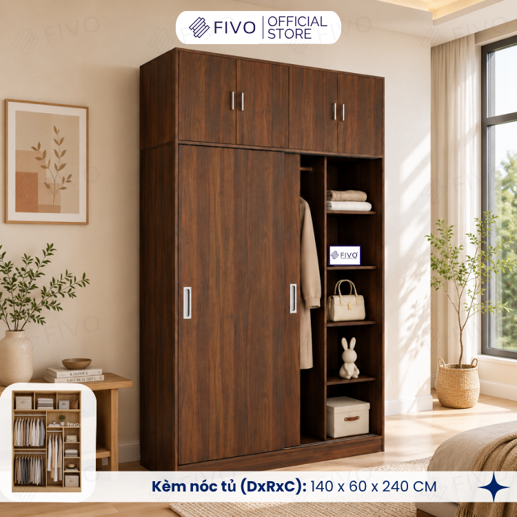 Tủ Áo Quần Cửa Trượt FIVO FC31 Gỗ Chống Ẩm, Màu Walnut Ấm Cúng Cho Phòng Ngủ, Trả Góp 0%, Freeship + Free lắp đặt