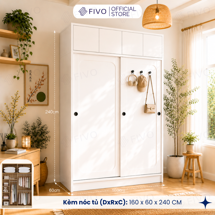Tủ Quần Áo Gỗ Cửa Lùa Cao Cấp FC37 FIVO, Gỗ Dày 17mm Độ Sâu 60cm, Kèm Hệ Trang Trí, Freeship+Free Lắp Đặt, Trả Góp 0%
