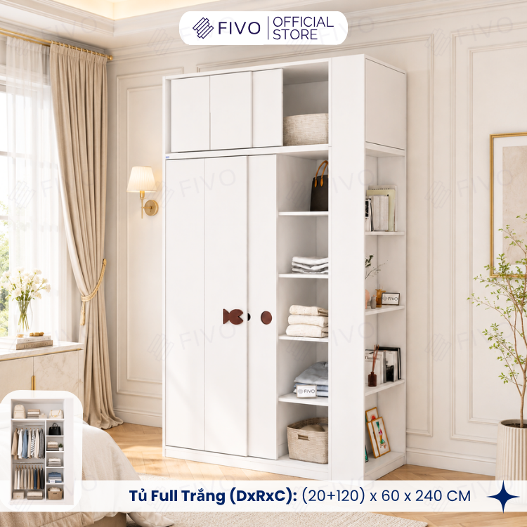 Tủ Quần Áo Gỗ Cửa Lùa FC36 FIVO, Gỗ Dày 17mm Sâu 60cm, Kèm Hệ Trang Trí, Freeship+Free Lắp Đặt, Trả Góp 0%