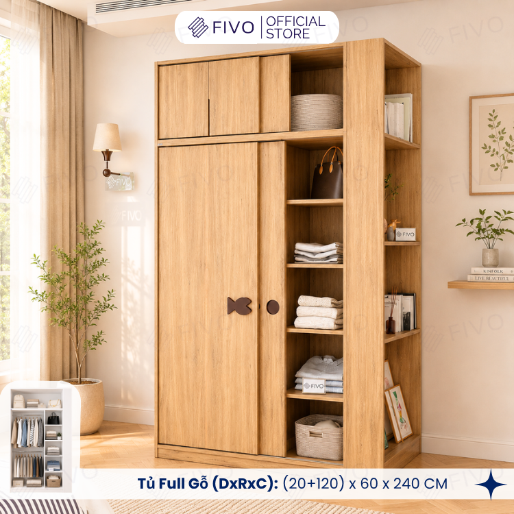 Tủ Quần Áo Gỗ Cửa Lùa FC36 FIVO, Gỗ Dày 17mm Sâu 60cm, Kèm Hệ Trang Trí, Freeship+Free Lắp Đặt, Trả Góp 0%