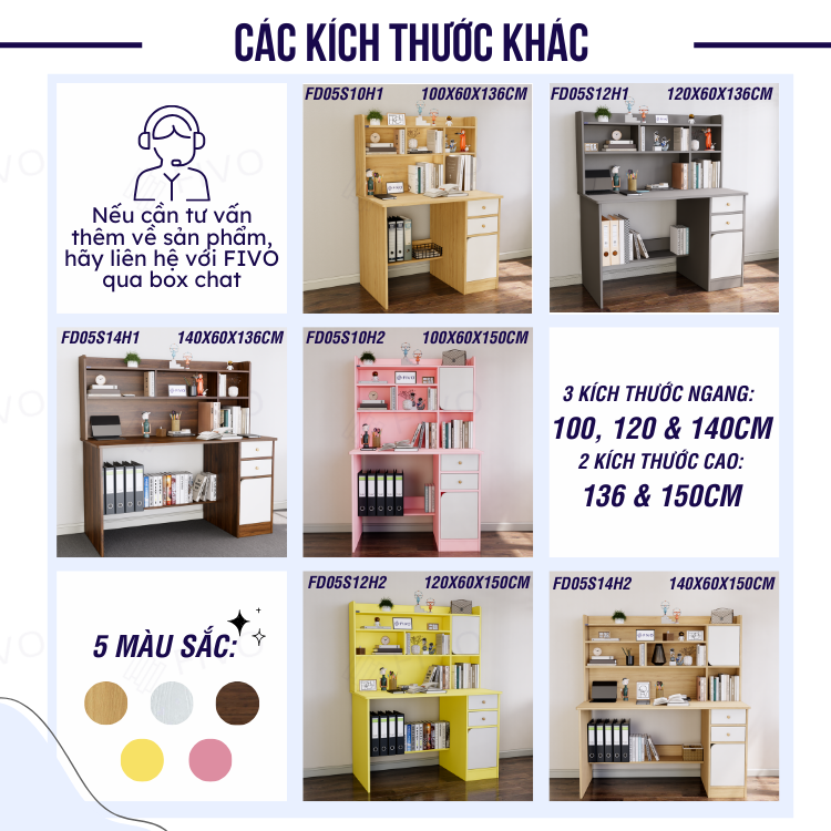 Bộ Bàn Ghế Làm Việc Kết Hợp Kệ Sách FD05 FIVO Cốt Ván 17mm Đầm Chắc, Đa Dạng Màu Sắc