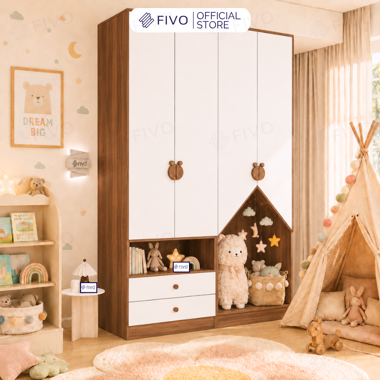 Tủ Gỗ Đựng Quần Áo Trẻ Em Cao Cấp FC03 FIVO, Tủ Sâu 60cm, Thiết Kế Hình Ngôi Nhà Độc Đáo, Freeship+Free lắp đặt, Trả Góp
