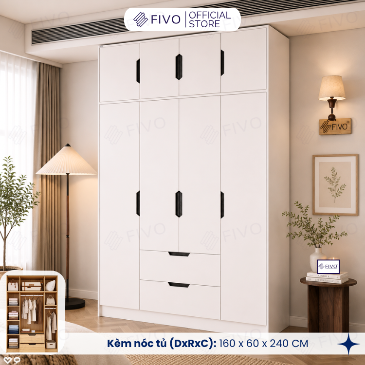 Tủ Đựng Quần Áo Gỗ Cao Cấp FC07 FIVO, Dày 17MM Cánh Mở Sâu 60cm Kèm Kệ Trang Trí, Freeship+Free lắp đặt, Trả Góp 0