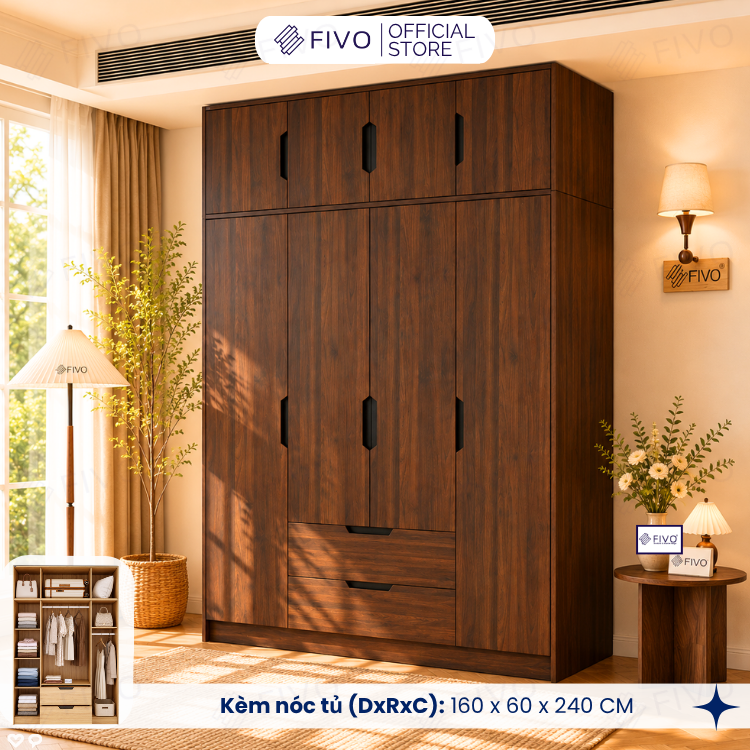 Tủ Đựng Quần Áo Gỗ Cao Cấp FC07 FIVO, Dày 17MM Cánh Mở Sâu 60cm Kèm Kệ Trang Trí, Freeship+Free lắp đặt, Trả Góp 0