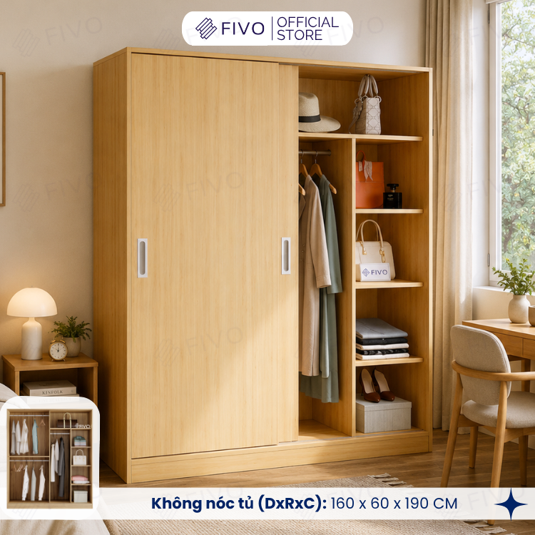 Tủ Áo Quần Cửa Trượt FIVO FC31 Gỗ Chống Ẩm, Màu Walnut Ấm Cúng Cho Phòng Ngủ, Trả Góp 0%, Freeship + Free lắp đặt