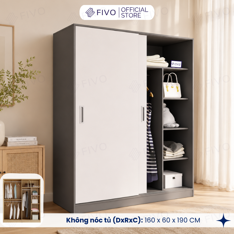Tủ Áo Quần Cửa Trượt FIVO FC31 Gỗ Chống Ẩm, Màu Walnut Ấm Cúng Cho Phòng Ngủ, Trả Góp 0%, Freeship + Free lắp đặt