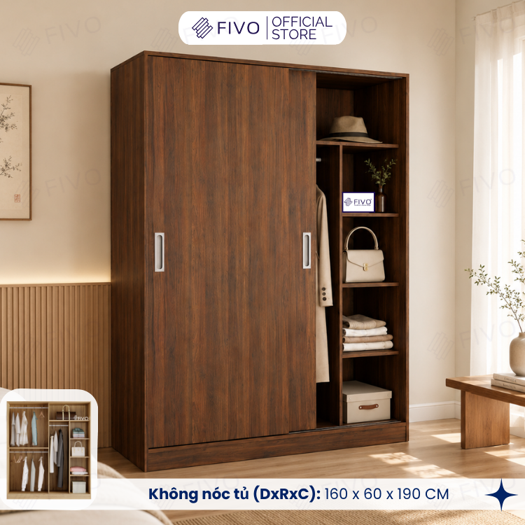 Tủ Áo Quần Cửa Trượt FIVO FC31 Gỗ Chống Ẩm, Màu Walnut Ấm Cúng Cho Phòng Ngủ, Trả Góp 0%, Freeship + Free lắp đặt