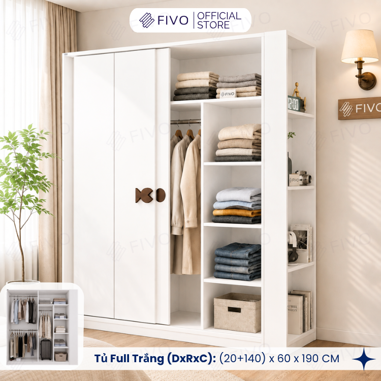 Tủ Quần Áo Gỗ Cửa Lùa FC36 FIVO, Gỗ Dày 17mm Sâu 60cm, Kèm Hệ Trang Trí, Freeship+Free Lắp Đặt, Trả Góp 0%