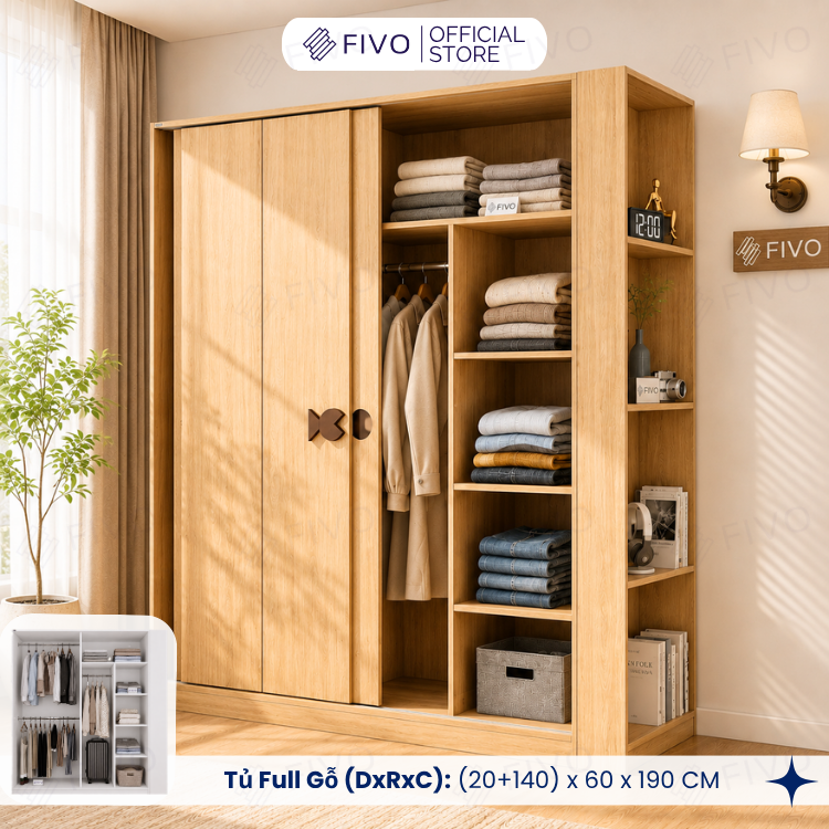 Tủ Quần Áo Gỗ Cửa Lùa FC36 FIVO, Gỗ Dày 17mm Sâu 60cm, Kèm Hệ Trang Trí, Freeship+Free Lắp Đặt, Trả Góp 0%