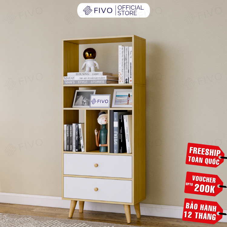Tủ Sách Gỗ 5 Tầng FB61 FIVO, Có Hộc, 4 Chân, Dễ Dàng Lắp Ráp