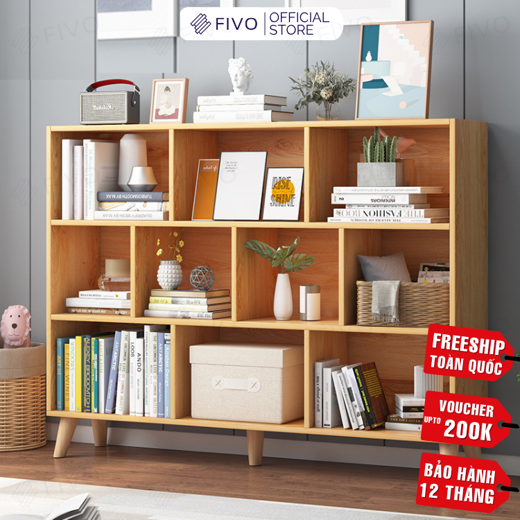 Kệ Sách Gỗ Đứng Có Chân FB60 FIVO, Kèm Tấm Lưng Chắc Chắn, Đa Dạng Kích Thước, Đa Ngăn