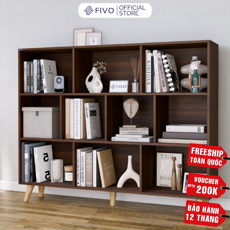 Kệ Sách Gỗ Đứng Có Chân FB60 FIVO, Kèm Tấm Lưng Chắc Chắn, Đa Dạng Kích Thước, Đa Ngăn