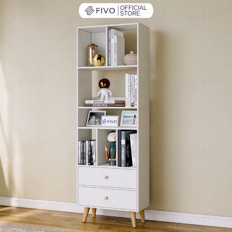 Tủ Sách Gỗ 5 Tầng FB61 FIVO, Có Hộc, 4 Chân, Dễ Dàng Lắp Ráp