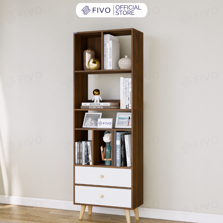 Tủ Sách Gỗ 5 Tầng FB61 FIVO, Có Hộc, 4 Chân, Dễ Dàng Lắp Ráp