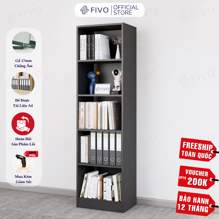 Kệ Sách Gỗ 5 Tầng FB73 FIVO, Kèm Tấm Lưng Chắc Chắn, Đa Dạng Màu Sắc