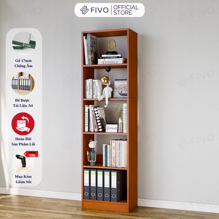 Kệ Sách Gỗ 5 Tầng FB74 FIVO, Kèm Thanh Chặn Chắc Chắn, Đa Dạng Màu Sắc