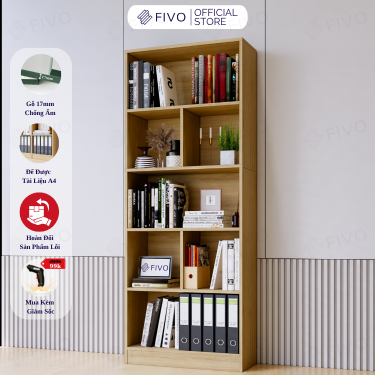 Kệ Sách Gỗ 5 Tầng FB73 FIVO, Kèm Tấm Lưng Chắc Chắn, Đa Dạng Màu Sắc
