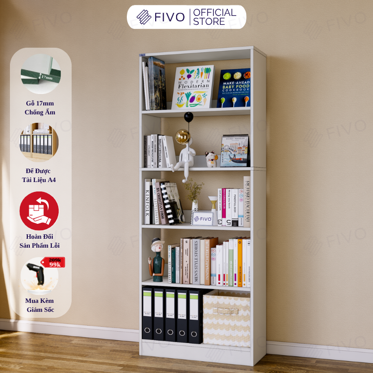 Kệ Sách Gỗ 5 Tầng FB74 FIVO, Kèm Thanh Chặn Chắc Chắn, Đa Dạng Màu Sắc