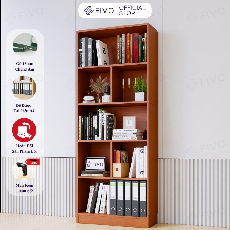 Kệ Sách Gỗ 5 Tầng FB73 FIVO, Kèm Tấm Lưng Chắc Chắn, Đa Dạng Màu Sắc