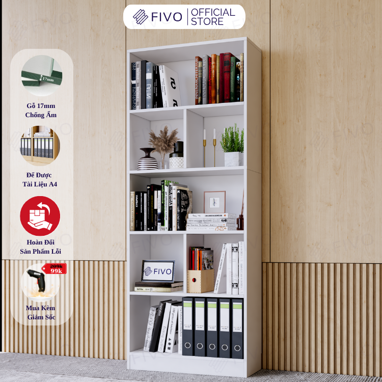 Kệ Sách Gỗ 5 Tầng FB73 FIVO, Kèm Tấm Lưng Chắc Chắn, Đa Dạng Màu Sắc