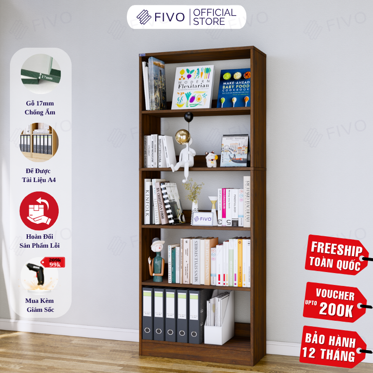 Kệ Sách Gỗ 5 Tầng FB74 FIVO, Kèm Thanh Chặn Chắc Chắn, Đa Dạng Màu Sắc