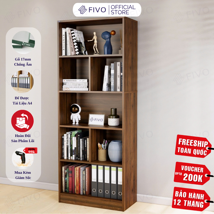 Kệ Sách Gỗ 5 Tầng FB73 FIVO, Kèm Tấm Lưng Chắc Chắn, Đa Dạng Màu Sắc