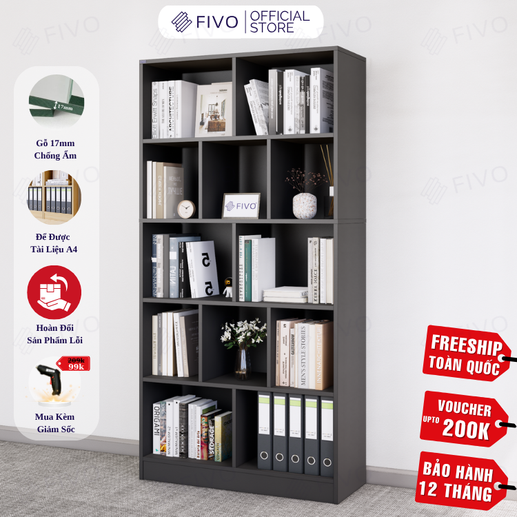 Kệ Sách Gỗ 5 Tầng FB73 FIVO, Kèm Tấm Lưng Chắc Chắn, Đa Dạng Màu Sắc