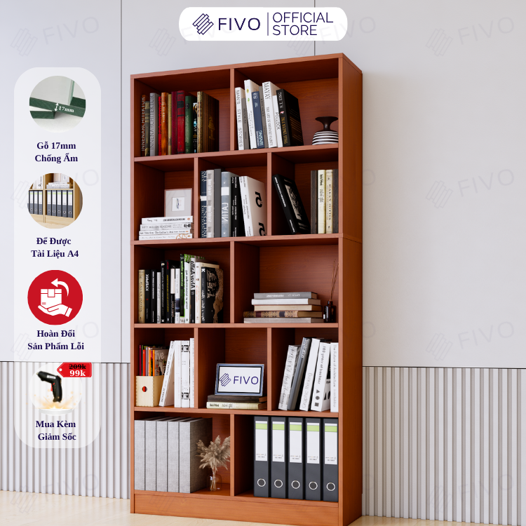 Kệ Sách Gỗ 5 Tầng FB73 FIVO, Kèm Tấm Lưng Chắc Chắn, Đa Dạng Màu Sắc