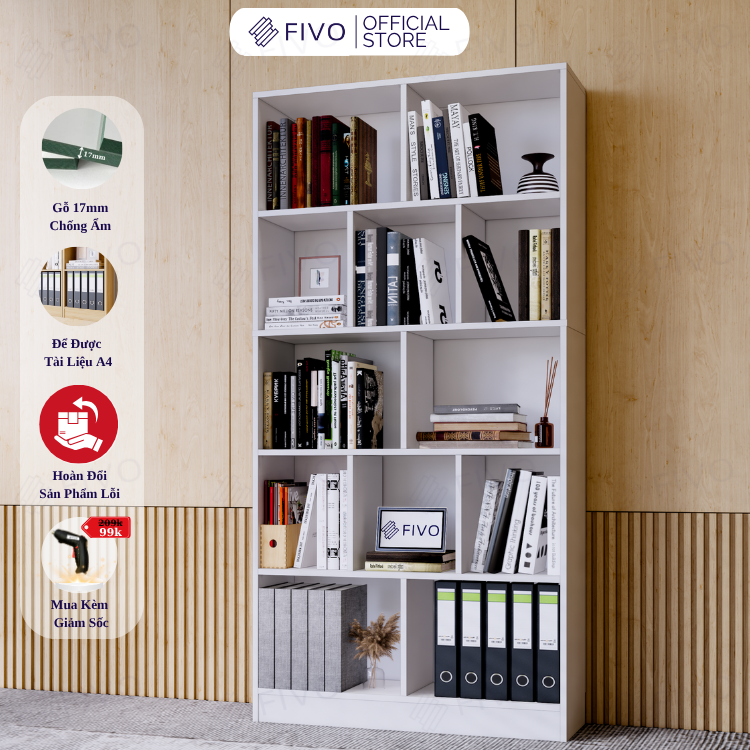 Kệ Sách Gỗ 5 Tầng FB73 FIVO, Kèm Tấm Lưng Chắc Chắn, Đa Dạng Màu Sắc