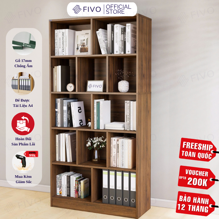 Kệ Sách Gỗ 5 Tầng FB73 FIVO, Kèm Tấm Lưng Chắc Chắn, Đa Dạng Màu Sắc