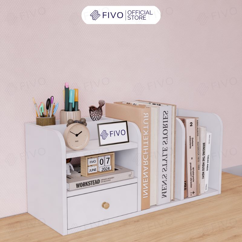 Kệ Sách Gỗ Đẹp Để Bàn FB26 FIVO Cao Cấp Có Hộc, Tiết Kiệm Diện Tích, Bo Góc Thẩm Mĩ