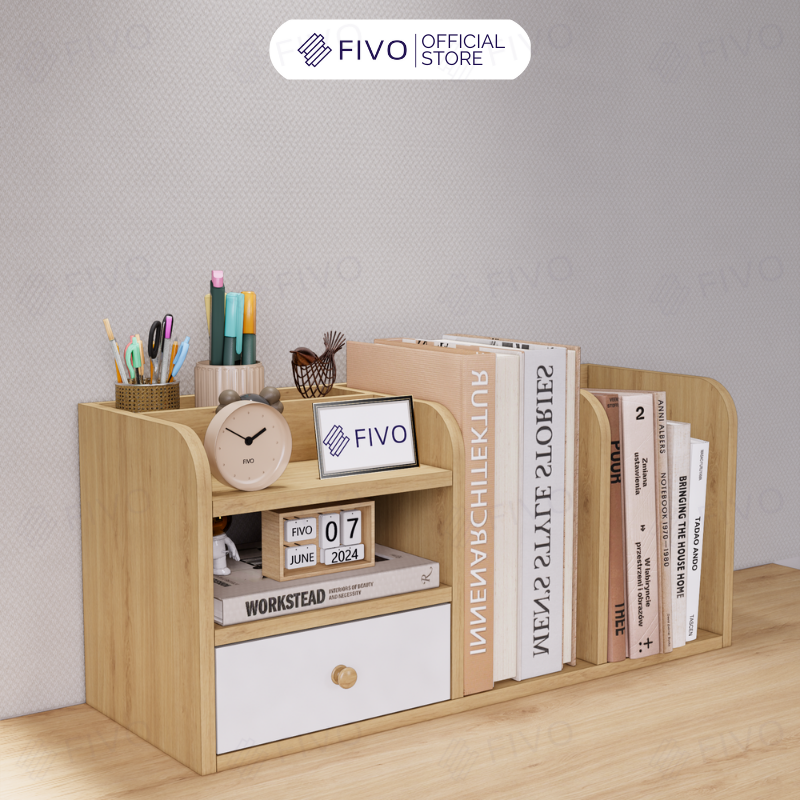 Kệ Sách Gỗ Đẹp Để Bàn FB26 FIVO Cao Cấp Có Hộc, Tiết Kiệm Diện Tích, Bo Góc Thẩm Mĩ