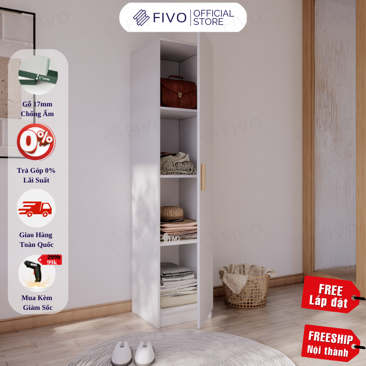 Tủ Quần Áo Gỗ Nhỏ Gọn FC06 FIVO, Tủ MDF Chống Ẩm Chia Ngăn Tiện Lợi, Phù Hợp Không Gian Nhỏ, Freeship TPHCM