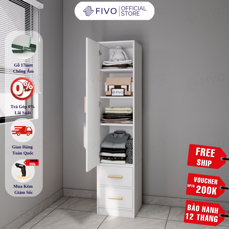 Tủ Quần Áo Gỗ Nhỏ Gọn FC05 FIVO, MDF Chống Ẩm Có Hộc Tiện Lợi, Phù Hợp Phòng Nhỏ, Freeship TPHCM