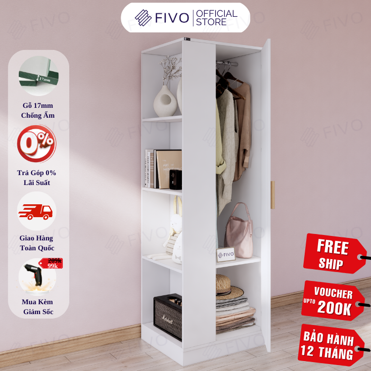 Tủ Quần Áo Gỗ Nhỏ Gọn FC06 FIVO, Tủ MDF Chống Ẩm Chia Ngăn Tiện Lợi, Phù Hợp Không Gian Nhỏ, Freeship TPHCM