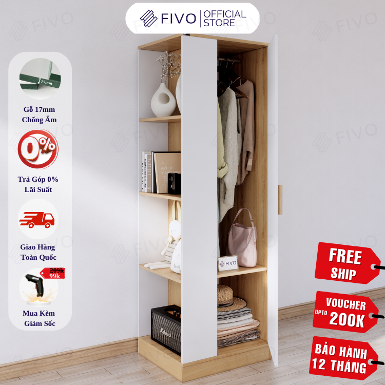 Tủ Quần Áo Gỗ Nhỏ Gọn FC06 FIVO, Tủ MDF Chống Ẩm Chia Ngăn Tiện Lợi, Phù Hợp Không Gian Nhỏ, Freeship TPHCM