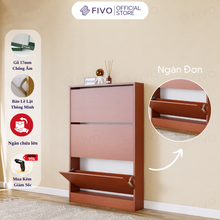 Tủ Gỗ Đựng Giày Cửa Lật Thông Minh FS55 FIVO, 3 Tầng Đa Năng, Tiết Kiệm Diện Tích