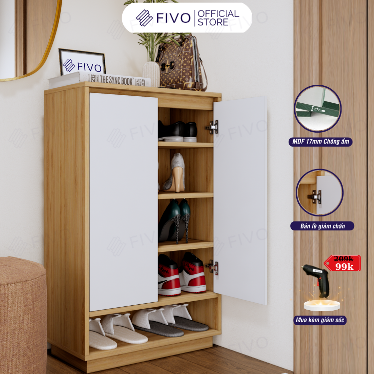 Tủ Kệ Giày Gỗ MDF FS54 FIVO, Gỗ Dày 17mm Phủ Melamine Chống Ẩm, Tối Ưu Không Gian, Tiết Kiệm Diện Tích