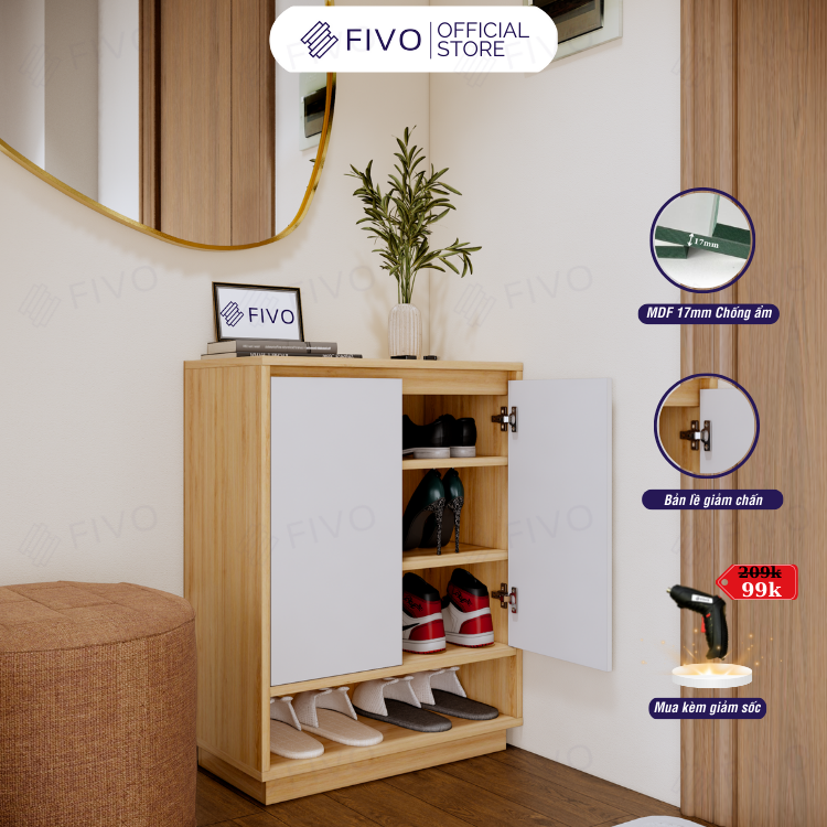 Tủ Kệ Giày Gỗ MDF FS54 FIVO, Gỗ Dày 17mm Phủ Melamine Chống Ẩm, Tối Ưu Không Gian, Tiết Kiệm Diện Tích