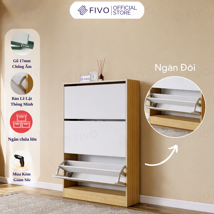 Tủ Gỗ Đựng Giày Cửa Lật Thông Minh FS55 FIVO, 3 Tầng Đa Năng, Tiết Kiệm Diện Tích