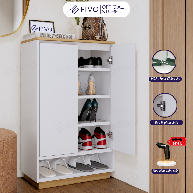 Tủ Kệ Giày Gỗ MDF FS54 FIVO, Gỗ Dày 17mm Phủ Melamine Chống Ẩm, Tối Ưu Không Gian, Tiết Kiệm Diện Tích