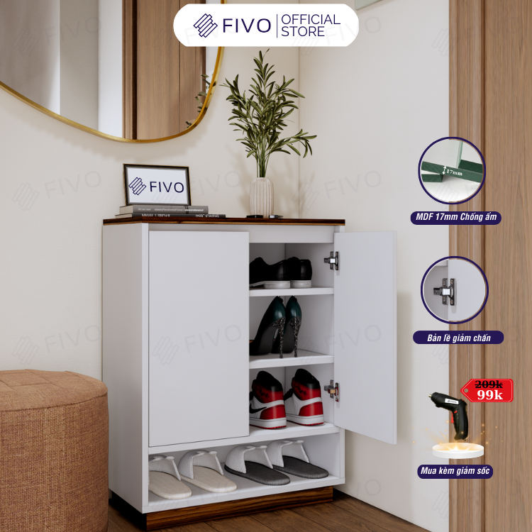 Tủ Kệ Giày Gỗ MDF FS54 FIVO, Gỗ Dày 17mm Phủ Melamine Chống Ẩm, Tối Ưu Không Gian, Tiết Kiệm Diện Tích