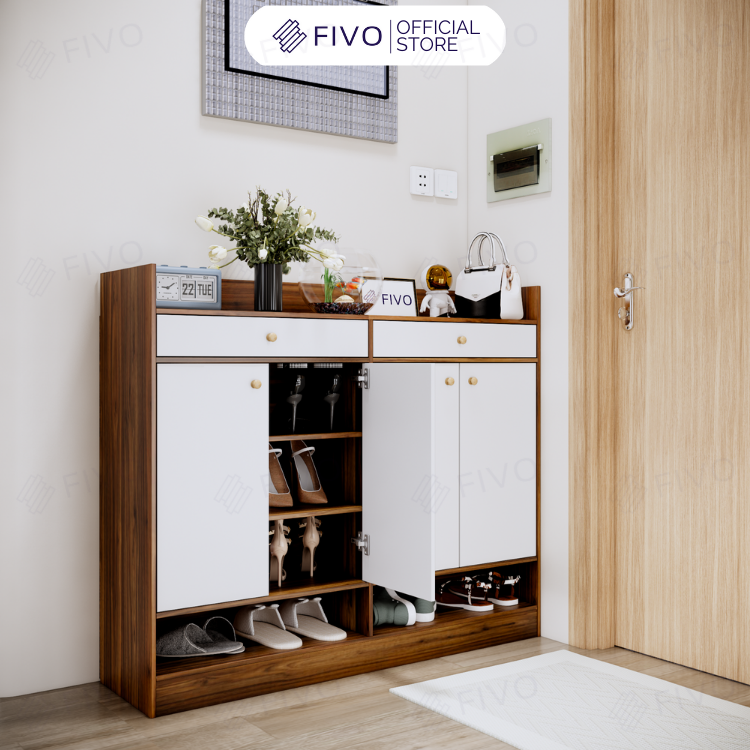Tủ Giày Dép Gỗ MDF Kèm 2 Ngăn Kéo FS53 FIVO, Ván Dày 17mm Chống Ẩm, Nhiều Ngăn Đựng Giày Dép Và Nón Bảo Hiểm