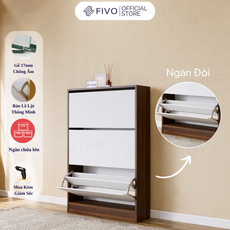 Tủ Gỗ Đựng Giày Cửa Lật Thông Minh FS55 FIVO, 3 Tầng Đa Năng, Tiết Kiệm Diện Tích