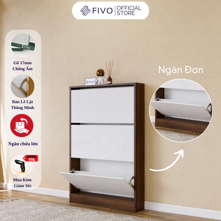 Tủ Gỗ Đựng Giày Cửa Lật Thông Minh FS55 FIVO, 3 Tầng Đa Năng, Tiết Kiệm Diện Tích