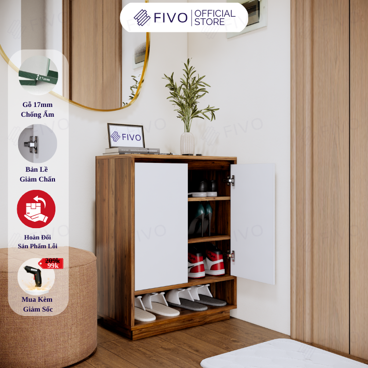 Tủ Kệ Giày Gỗ MDF FS54 FIVO, Gỗ Dày 17mm Phủ Melamine Chống Ẩm, Tối Ưu Không Gian, Tiết Kiệm Diện Tích