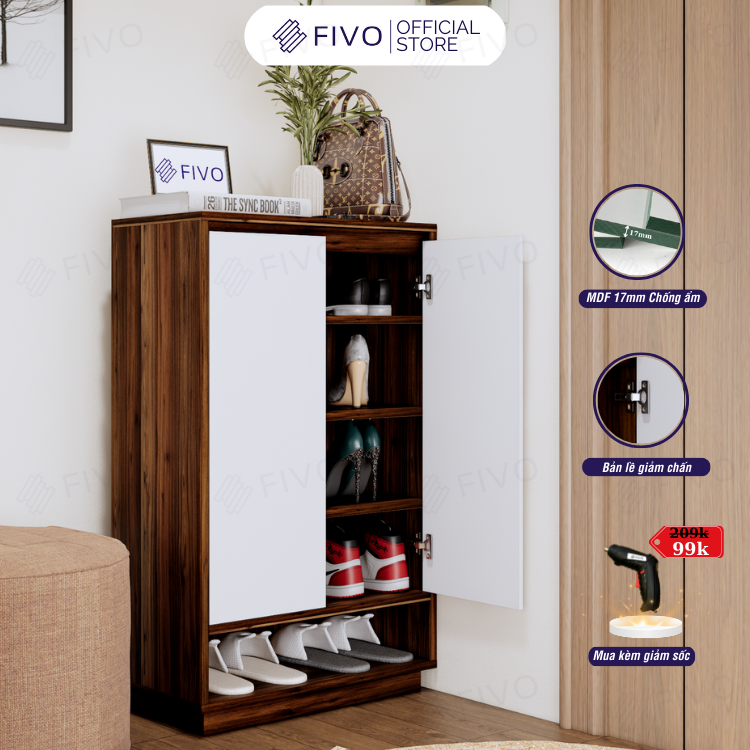 Tủ Kệ Giày Gỗ MDF FS54 FIVO, Gỗ Dày 17mm Phủ Melamine Chống Ẩm, Tối Ưu Không Gian, Tiết Kiệm Diện Tích